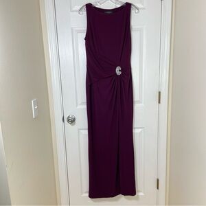 Lauren Ralph Lauren Faux Wrap Evening Gown Dress Ruched Brooch Accent Size 10